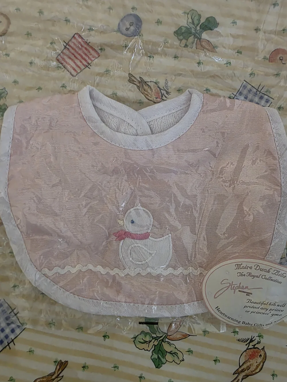 Vintage 2003 Pink Duck Embroidered Baby Bib with White Trim